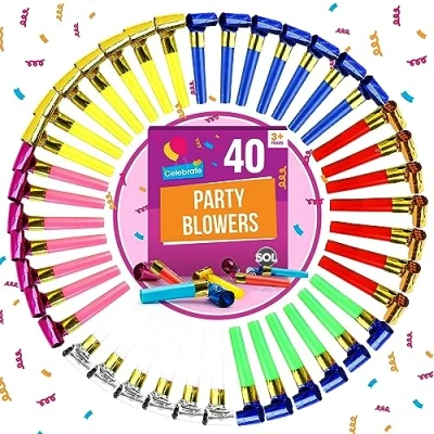 Image of SOL 40pk Party Blowers for Kids Colourful &amp; Fun Whistles Blowouts Celebrate with Bag Fillers Unisex Blower Bags Toys