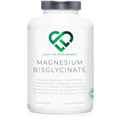 Image of Magnesium Glycinate (Bisglycinate) Chelated Supplements 2750mg (303mg Magnesium) 240 Capsules / 60 Servings Highly Bioavailable Made in UK GMP Certified Love Life