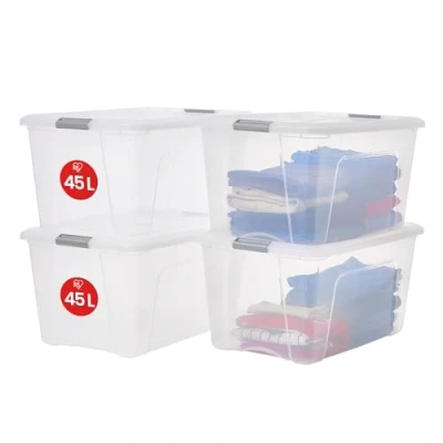 Image of Iris Ohyama Storage Boxes with Lids, 45L, Set of 4, Silver, Secure Buckles, Stackable, Pull Handles, For Bedroom, Closet, Office, Organisation, BPA Free Plastic, Clothes Tote, NTB 45
