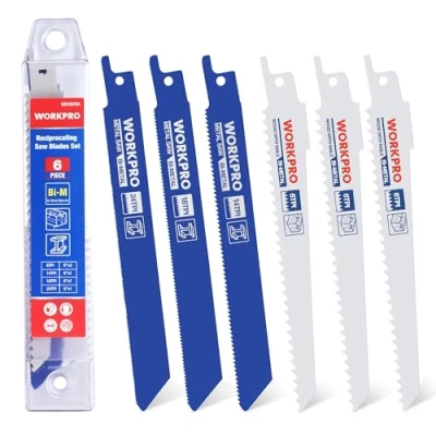 Image of WORKPRO 6 Piece Reciprocating Saw Blades Set Sabre for Metal/Wood Cutting Bi Metal with Plastic Storage Box Compatible Most