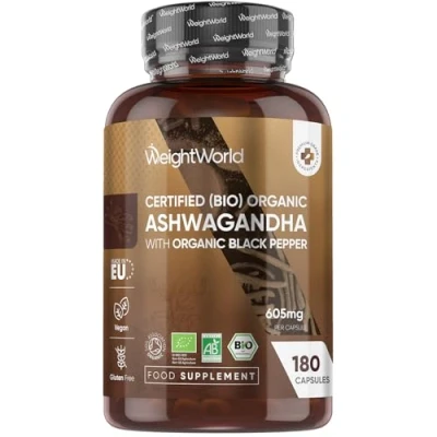 Image of Organic Ashwagandha Capsules High Strength 180 Vegan (Not Tablets) Root Powder with Black Pepper Soil Association Certified Made in The EU