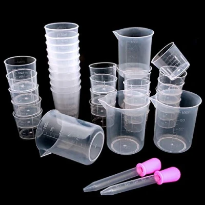 Image of YuChiSX 35 Pack DIY Clear Plastic Measuring Cups,Kitchen Lab Graduated Beaker Cups Tool for Mixing Paint, Stain, Epoxy, Resin