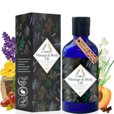 Image of Thyme and Temple Massage Oil for Date Night, Therapy, Muscle Pain Body Women Men Dry Skin Moisturiser Natural Vegan Cruelty Free Relieves Aches Pains