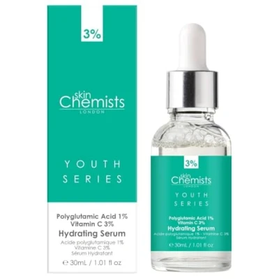 Image of skinChemists Hydrating Serum with Polyglutamic Acid 1%, Vitamin C 3% 30ml Fights Fine Lines, Wrinkles, &amp; Pigmentation Provides Lasting Hydration Luminous Effect