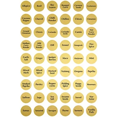 Image of 54 x Spice/Herb Storage Jar Kitchen Home Cooking Labels Stickers Decals 30mm (Metallic Gold with Black Text)