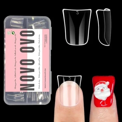 Image of NOVO OVO Nail Tips, Extra Short Duck Feet Full Cover for Press On Acrylic, Clear Flare Y2K Coverage Wide Thick French Soft Gel Fake False Extension x 12 Sizes in Box 120 pcs