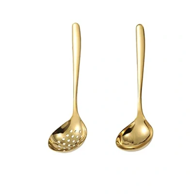 Image of MBBITL Gold Soup Ladle Colander Slotted Spoon Set Stainless Steel Skimmer Strainer Gravy Hot Pot Server