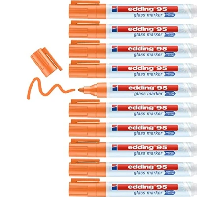 Image of edding 95 glass marker orange 10 pens round nib 1.5 3 mm washable window pen for writing and marking on surfaces, windows, glassboards, whiteboards dry wipeable