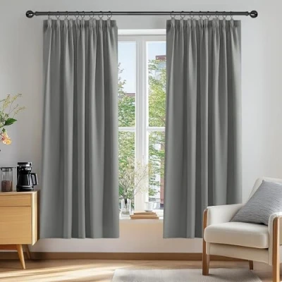 Image of Deconovo Solid Pencil Pleat Curtains Thermal Insulated Tape Top Blackout for Bedroom 46 x 72 Light Grey Two Panels