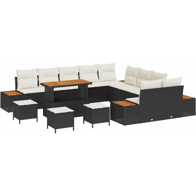 Image of vidaXL 14 Piece Garden Sofa Set with Cushions Black Poly Rattan Acacia