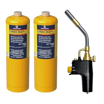 Image of Pipestation Mapp Gas Canister Map Plus Bottle Cylinder for Propane Blow Torch Plumbing Blowtorch Cartridge (Total Fire + 2X Cylinders)