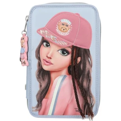 Image of Depesche 13010 TOPModel Team Teddy Filled 3 compartment pencil case in light blue, with model motif and pendant, colored pencils, ruler, scissors much more.