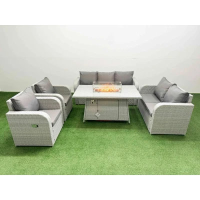 Image of Pe Rattan Garden Furniture Set Reclining Chair Sofa Double Love Seat 2 Seater Lounge Firepit Dining Table Light Grey Fimous