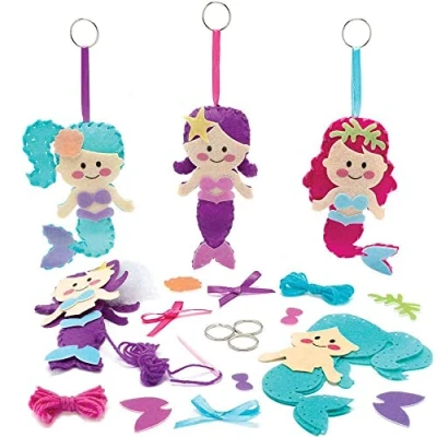 Image of Baker Ross FC833 Mermaid Keyring and Bag Dangler Sewing Kits Pack of 3, Girls Craft Kit, Kids Arts Crafts, Accessories for
