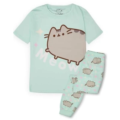 Image of Pusheen Girls Pyjama Set Green Loungewear Short Sleeve T Shirt &amp; All Over Print Long Leg Pants PJs For Kids Internet Cat Meow Teens Cute Nightwear Merchandise Gift
