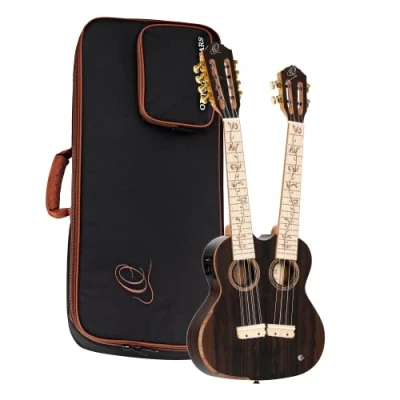 Image of Ortega Guitars Double Neck Ukulele Tenor 4string / 8string Custom Built Series electro acoustic includes Gig Bag Ziricote, Mahogany (HYDRA ZS)