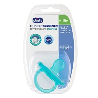 Image of Chicco PhysioForma Silicone Dummy 6 16 Months, Pack of 1, Soft and Delicate Dummy, Supports Physiological Breathing Promotes Correct Development The Mouth, Turquoise