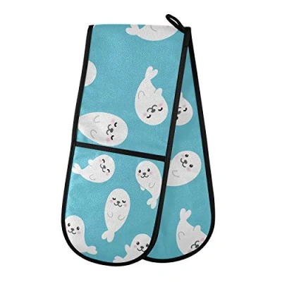 Image of PUXUQU Oven Gloves Double Mitts Gloves, Cute Seal Heat Resistant for Baking BBQ Kitchen Cooking