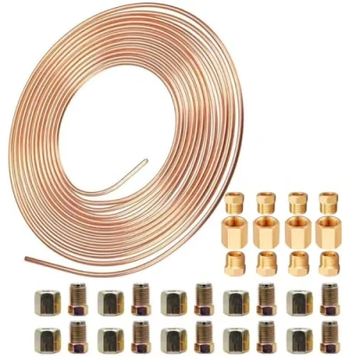 Image of AXILYZE Brake Pipe Copper Coated Tubing 32.8Ft. of 3/16&quot; Automotive Replacement Kit with 20 Nuts Fittings and 12 PCS Assortment for 3/16 Inch Tube