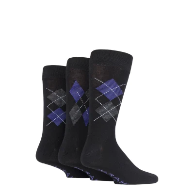 Image of 3 Pair Black / Purple Luxury Bamboo Argyle Socks Men&#039;s 6 11 Mens Farah