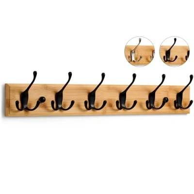 Image of LARHN Wooden Coat Hooks Wall Mounted Rack 6 Triple Black for on Bamboo 59 cm All Fixings Included Quick &amp; Easy Installation