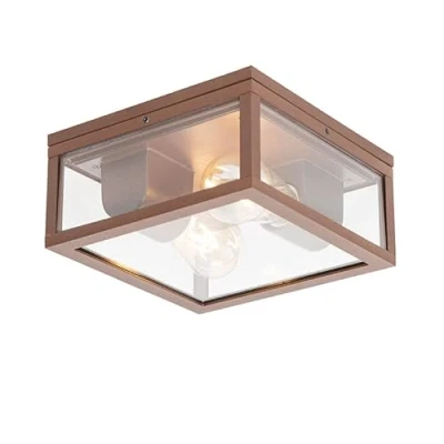 Image of Qazqa Outdoor Industrial Ceiling Lamp I Flush Light Rust Brown IP44 2 Charlois Garden Design Suitable for LED E27 Aluminium