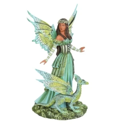 Image of Something Different Wholesale Amy Brown Fairy Figurine 22cm Fantasy Art Collectible, Green and Dragon Statue, Watercolour Inspired Sculpture Intricately Sculpted Resin