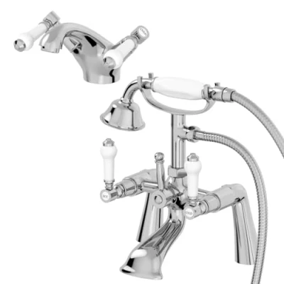 Image of Architeckt® Winchester Bathroom Bath Shower Mixer Basin Tap Set Pair Round Lever Handle Traditional, Chrome
