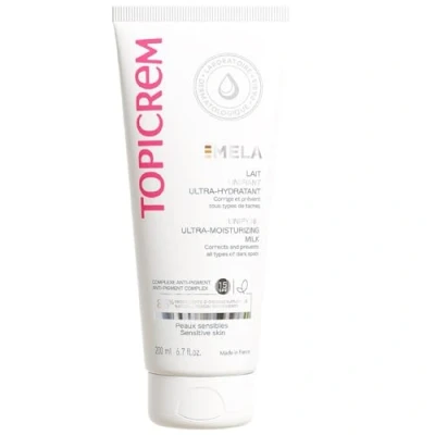 Image of Topicrem Mela, ultra moisturizing body milk uniformly moisturizes complexion, corrects and prevents stains liquid texture, floral scent sensitive skin 200 ml