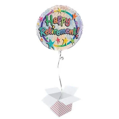 Image of PARTYRAMA.CO.UK Happy Retirement Holographic Round Foil Helium Balloon Inflated in a Box