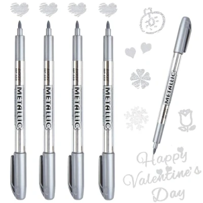 Image of Devenirriche Metallic Marker Pens, 4pcs Silver Ink Pens Glittering Permanent Drawing for Card Making, DIY Painting Album, Metal, Glass and Fabric