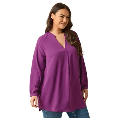 Image of EVANS Curve Notch Neck Long Sleeve Blouse Women&#039;s Plus Size Pink