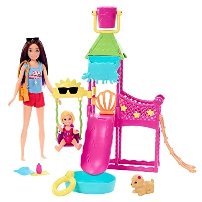 Image of Barbie Toys, Skipper Doll and Waterpark Playset with Working Water Slide, Puppy Squirt Toy, 5+ Accessories More, First Jobs, HKD80