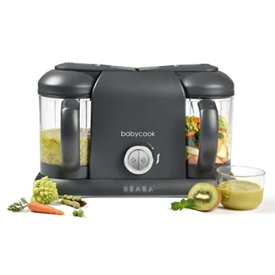 Image of BEABA Babycook Duo Baby Food Maker 4 in 1 : Procesor, Blender and Cooker Soft Steamer Cooking Homemade 15 Minutes XXL 2 x 1100 ml Capacity Dark Grey