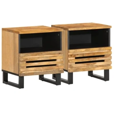 Image of vidaXL Bedside Cabinets 2 pcs Brown 40x33x46 cm Solid Rough Mango Wood Industrial Nightstands with 1 Drawer and Compartment Bedroom/Living Room
