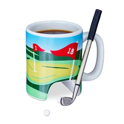Image of Relaxdays Golf Cup with Putter, 2 Balls, Golfing Club Pen, Gag Gift, Coffee Mug, Multi Coloured
