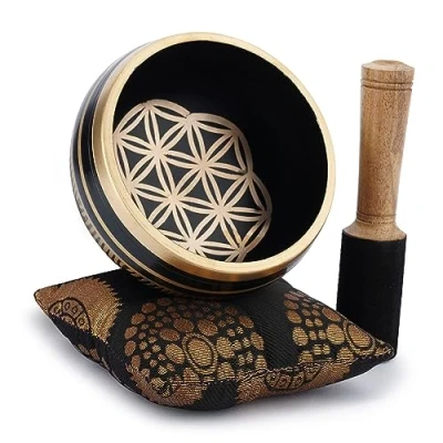 Image of Ajuny Tibetan Singing Bowl Set Handcrafted Meditation Brass Sound with Stick and Cushion for Yoga, Chakra Healing, Mindfulness Stress Relief Spiritual Gifts Gold Black