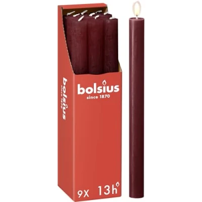 Image of Bolsius Tapered Dinner Pillar Candles Dark Red Pack of 9 Long Burning Time 13 Hours Household Candle Interior Decoration Unscented Includes Natural Vegan Wax 27 x 2.3 cm