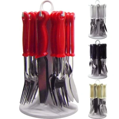 Image of New 24PC Cutlery Dinner Set Rack Metal Forks TEASPOONS Tea Spoons Drainer Stand (RED)