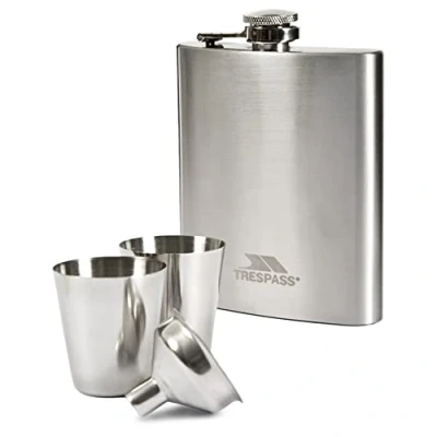 Image of Trespass Dramcask, Silver, Stainless Steel Hip Flask Gift Set (1x 200ml &amp; 2x Cups 30ml), Grey