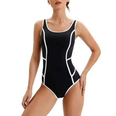 Image of Veranobreeze Ladies Swimsuit One Piece Swimming Costume Black Athletic Modest Swimwear(Black UK12)
