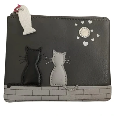Image of Premium Leather Black &amp; Grey Cat Coin Purse by Mala Midnight Collection 4231 (Grey)