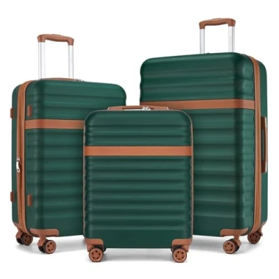 Image of Kono Luggage Sets Hard Shell Suitcase of 3 Piece ABS+PC Lightweight Travel Trolley with TSA Lock Spinner Wheels (Green/Brown)