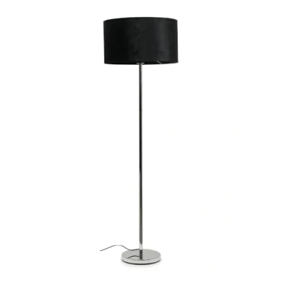 Image of Modern Standard Floor Lamp in a Silver Chrome Metal Finish with Black Velvet Drum Shade