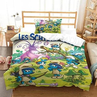 Image of CIFEAR Smurfs Duvet Cover Set 3D Animation Kids Bedding Ultra Soft Microfiber Polyester Comforter Quilt with Zipper Closure Single（135x200cm）