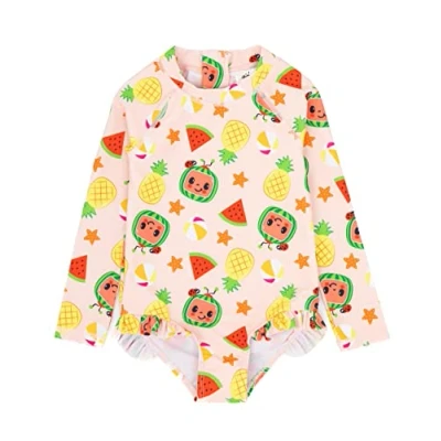 Image of CoComelon Swimsuits for Girls Children Toddlers Pink Musical Summer Print with Frill Hem Swimming Costume Kids Nursery Rhymes Songs Swimwear