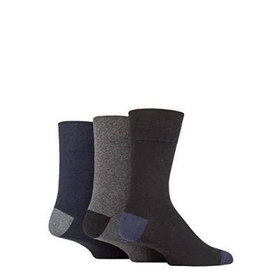 Image of Mens 3 Pair Gentle Grip Cotton Argyle Patterned and Striped Socks Contrast Heel Toe Black / Navy Charcoal 6 11
