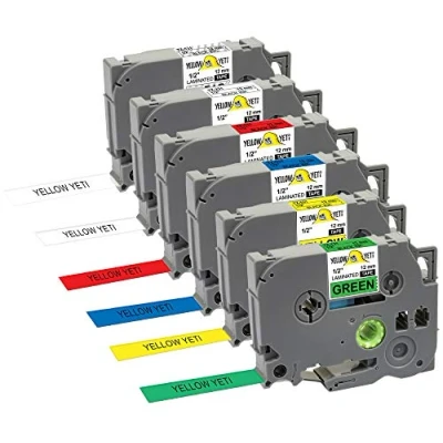Image of Yellow Yeti 6 Labelling Tape Cassettes TZe 131 231 431 531 631 731 12mm x 8m Black for Brother P Touch PT H110 H105 H101C e110 1005 Label Maker (Clear White Red Blue Green)