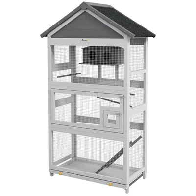 Image of PawHut Wooden Bird Cage Budgie cage, Aviary Outdoor Birdhouse for Finches, Parakeets Grey