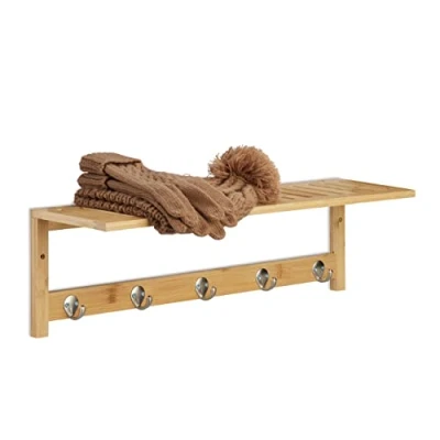Image of Wall Shelf with Hook Rail, Bamboo, HxWxD: 18 x 62 16 cm, Towel Holder Bathroom, Coat Rack Hallway, Wood Relaxdays